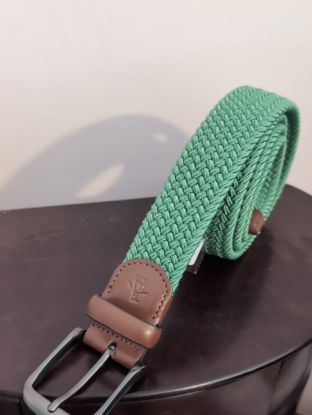 Original Penguin Braided Green Belt with Brown Leather Trim